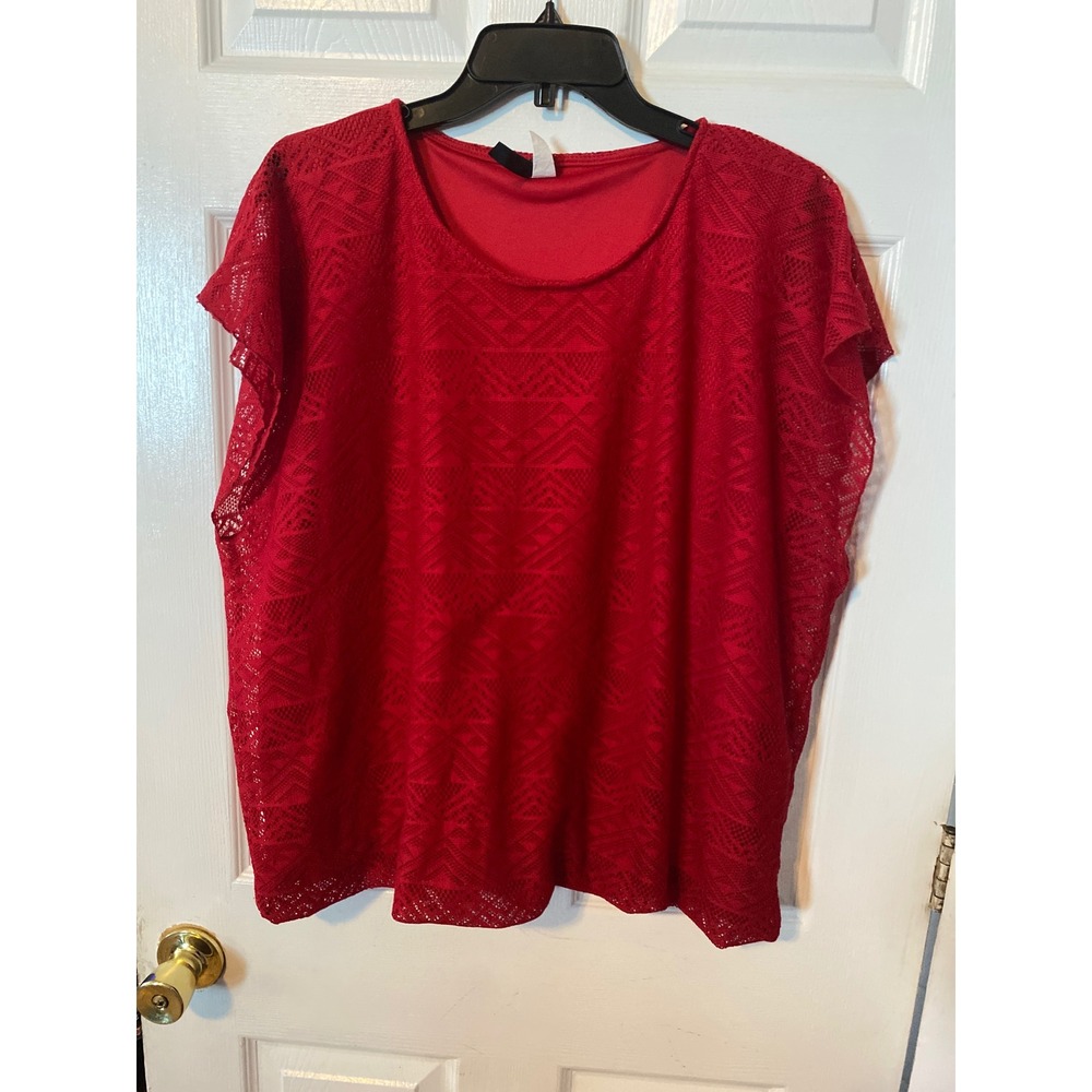 Ashley Blue Red Lace Geometric Short Sleeve Blouse Top 2XL Made in USA 5431-WX
